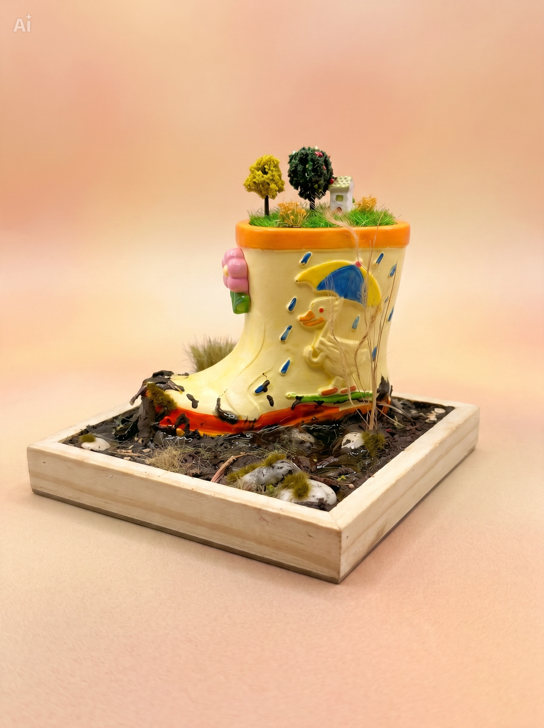 Deko-Gummistiefel „Kleine Ente im Regen" – Unikat-Diorama