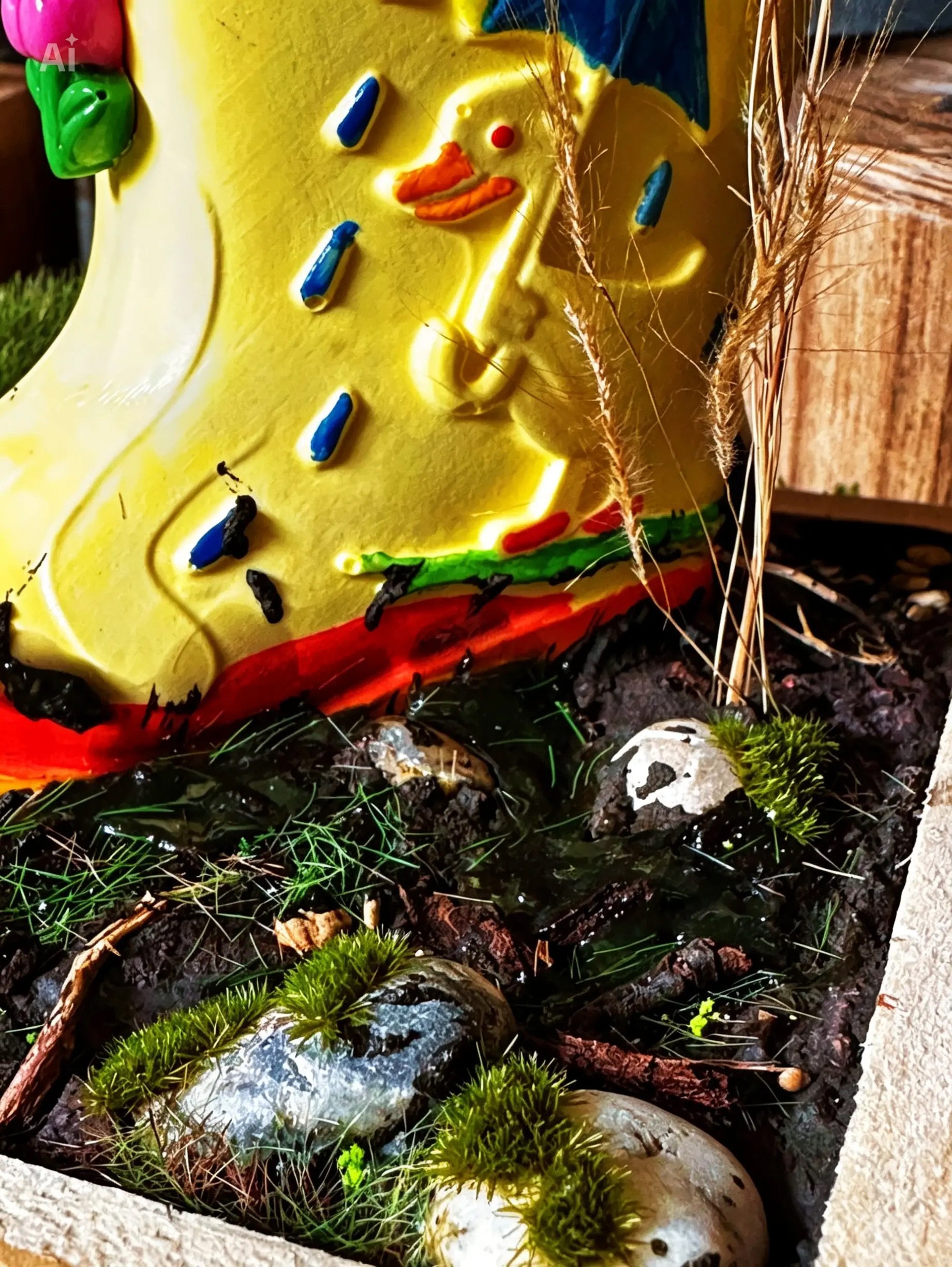 Deko-Gummistiefel „Kleine Ente im Regen" – Unikat-Diorama
