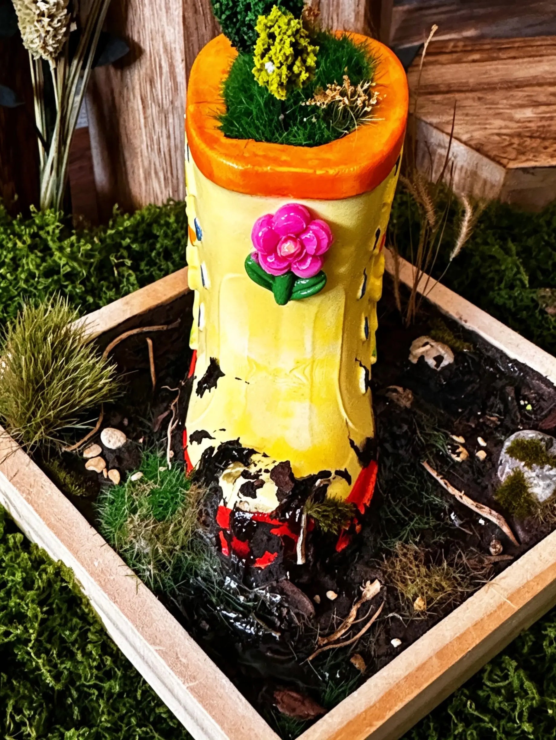 Deko-Gummistiefel „Kleine Ente im Regen" – Unikat-Diorama