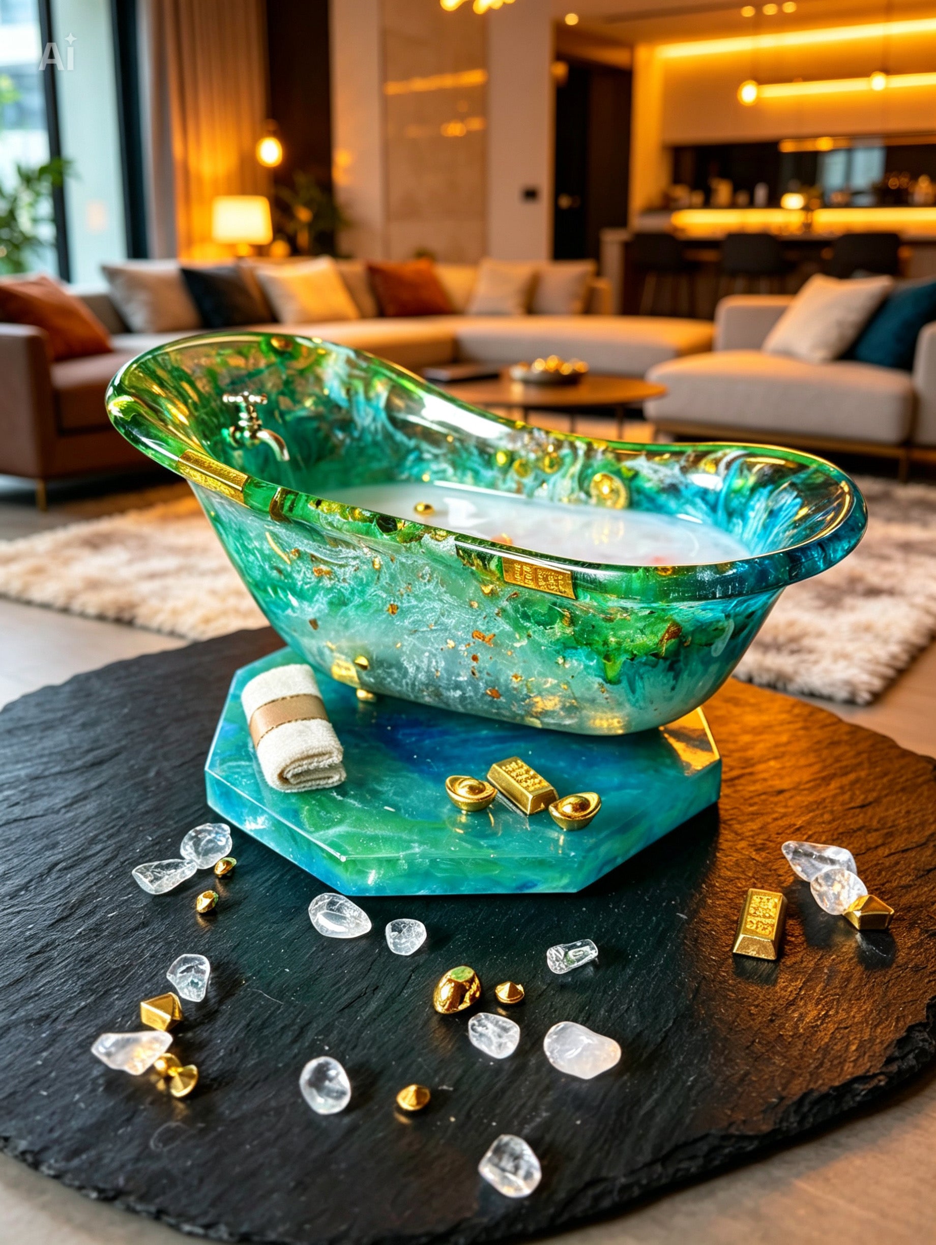 Funkelnde Mini-Badewanne – Handgefertigtes Resin-Kunstwerk mit Golddetails