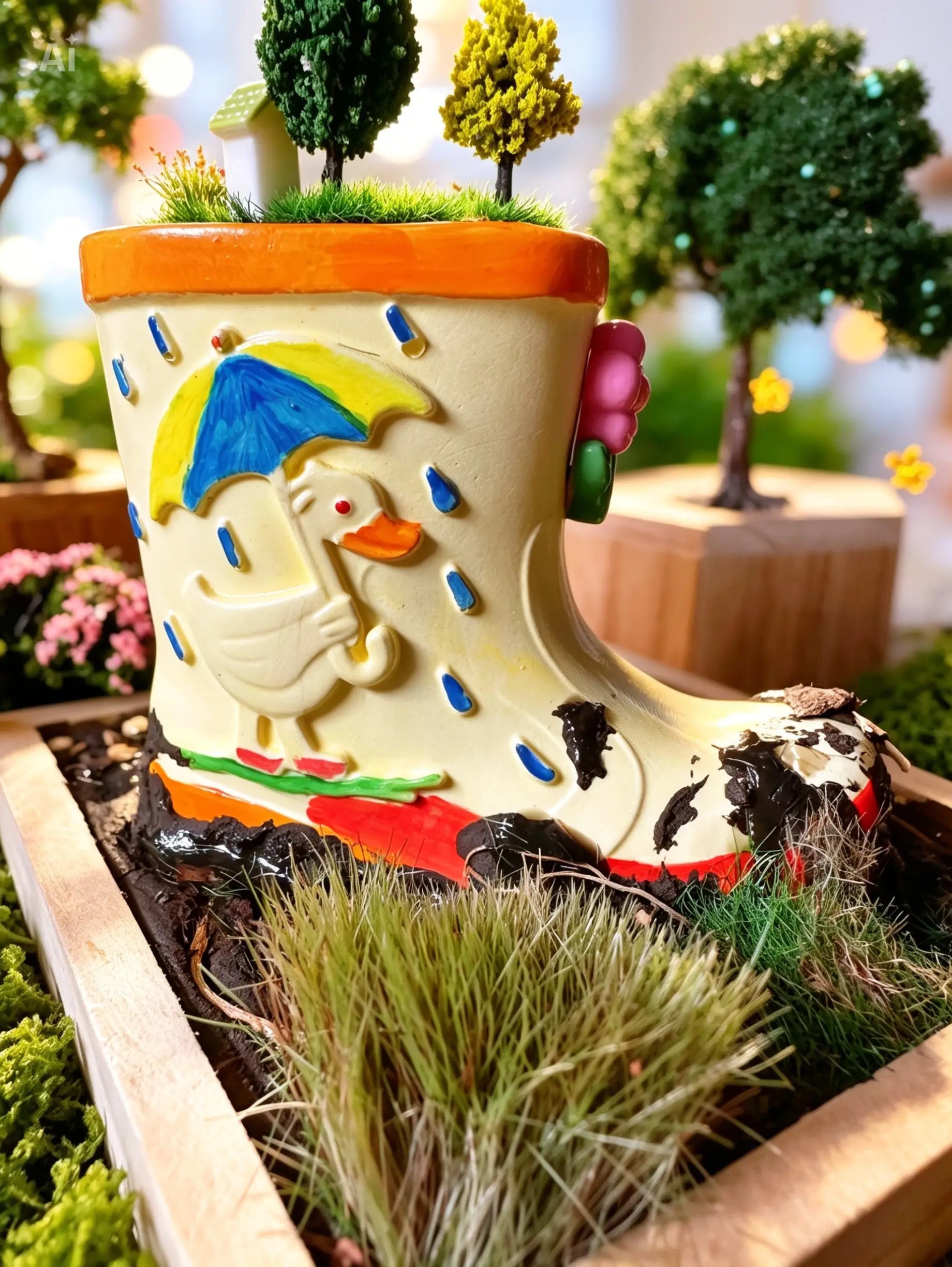 Deko-Gummistiefel „Kleine Ente im Regen" – Unikat-Diorama