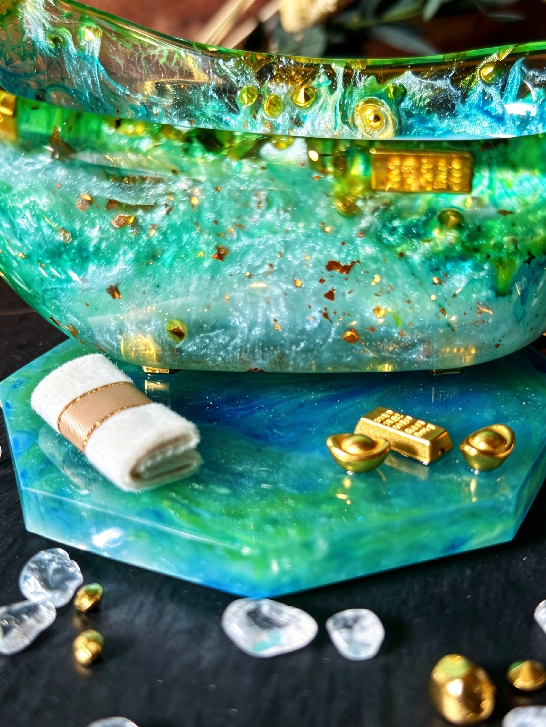 Funkelnde Mini-Badewanne – Handgefertigtes Resin-Kunstwerk mit Golddetails