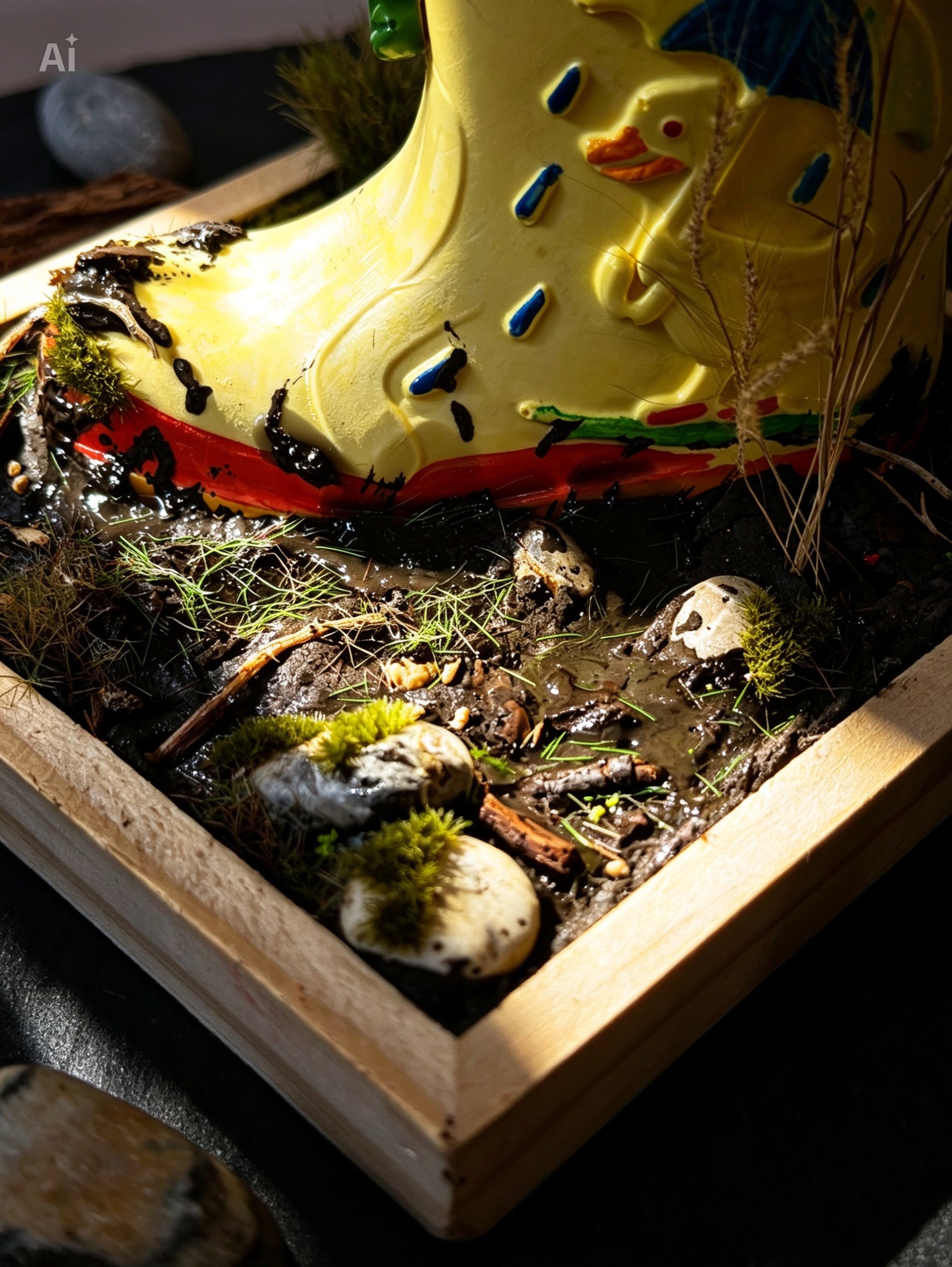 Deko-Gummistiefel „Kleine Ente im Regen" – Unikat-Diorama